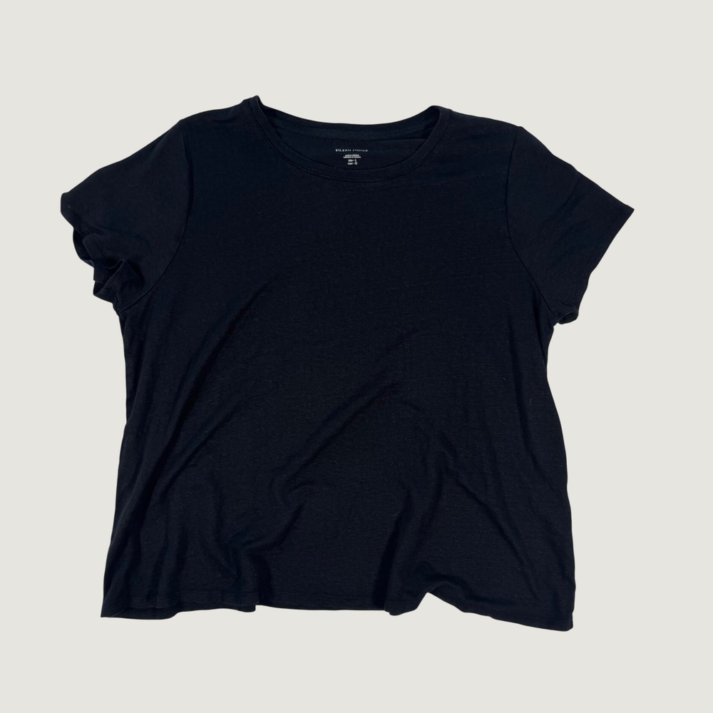 Eileen Fisher Black 100% Organic Linen Short Sleeve Crew Neck Tee Top Large